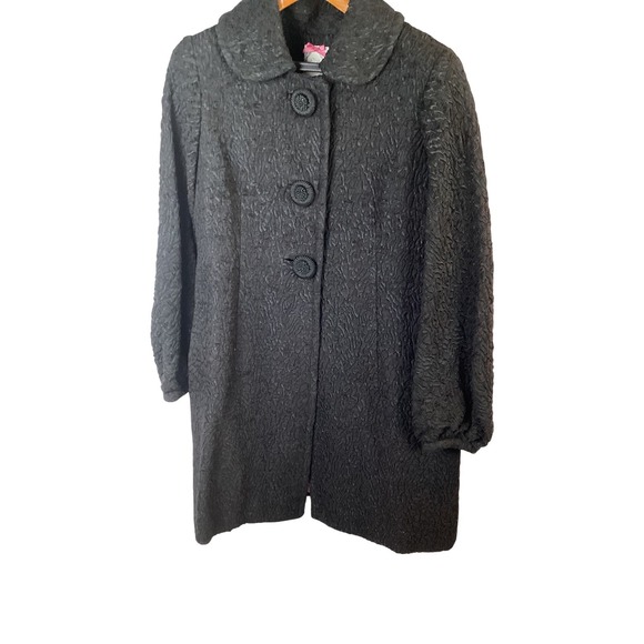 Vintage Yoana Baraschi Black Textured Boucle Coat Peter Pan Collar - Picture 1 of 9